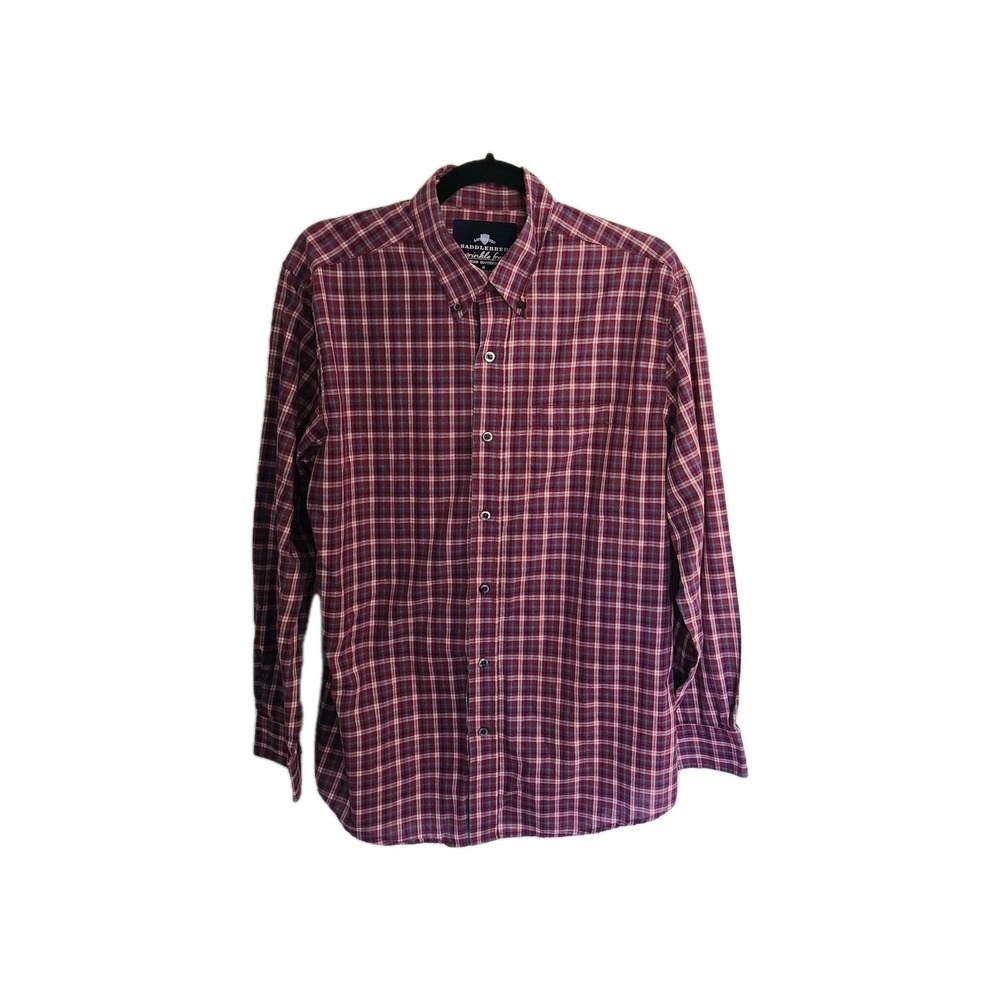 Saddlebred Men's M Plaid Button-Front Shirt Long Sleeve Wrinkle Free Burgundy